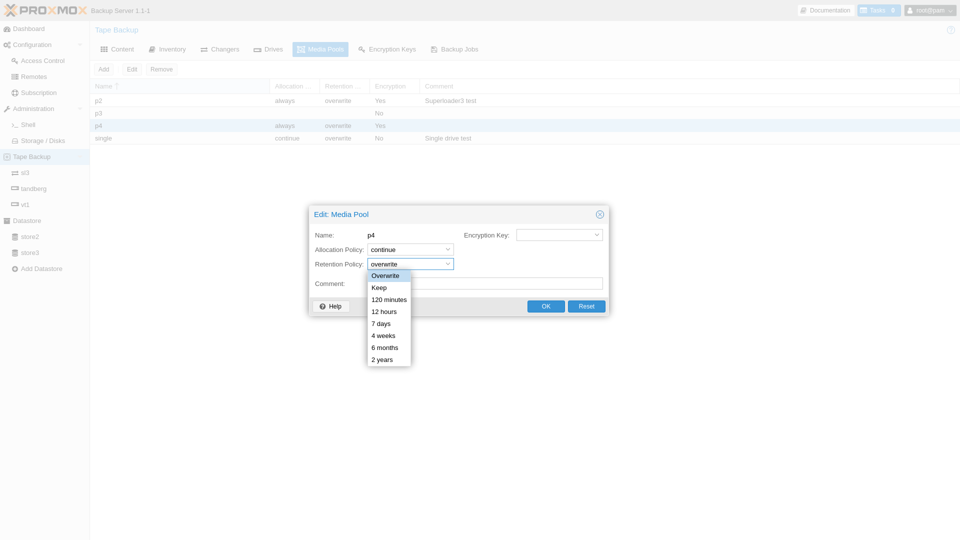 Proxmox Backup Server 磁带介质池界面